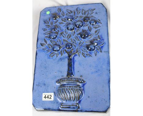 Ceramic blue wall plaque with orange tree design, 40 x 28 cm 