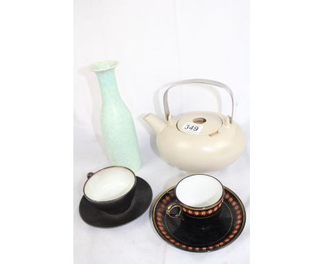 Mid century ceramics: a blue crackle glaze vase; stoneware teapot with steel handle; two coffee cups and saucers; Studio pott