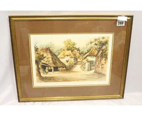 Coloured drypoint of a Devon village scene, by Reginald Smallridge (1838-1939) and signed in pencil by the artist. Smallridge