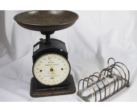 A lot: a vintage Hughes Family Scale No 48 with bowl (dial missing); a silver plated toast rack; a silver plated lidded pot w