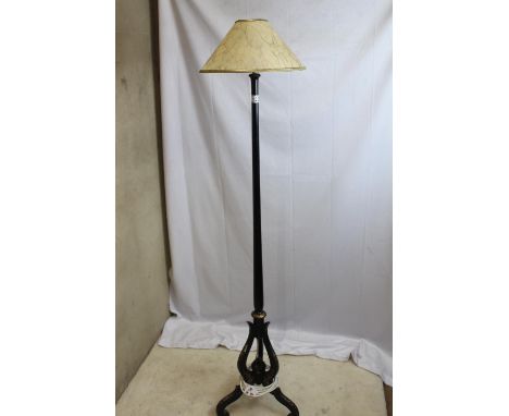 Antique standard lamp with shade; tripod scrolled base, MOP floral decorative inlay, in working order 
