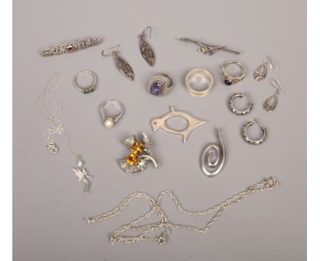 A quantity of silver jewellery including Celtic thistle brooch, hardstone set rings, necklaces etc.