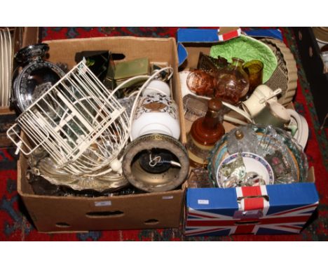 Two boxes of miscellaneous glassware and ceramics to include milchglas table lamp, cod bottle, Bells Whisky decanter etc.