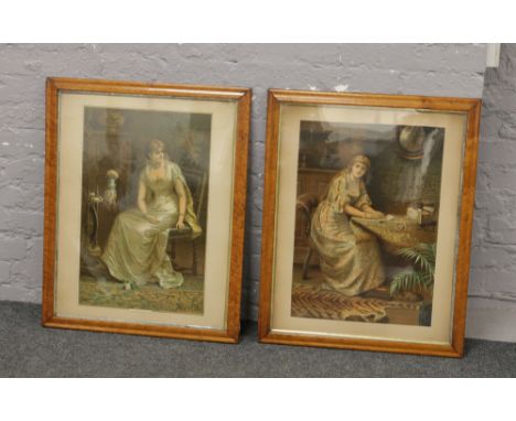 After Jane Maria Bowkett, two antique framed colour prints both depicting ladies one entitled The Spinning Wheel.