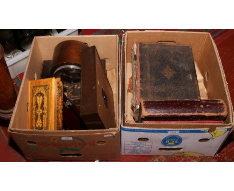 Two boxes of miscellaneous including leather bound antique bible, 19th century photograph album, 1940s dome top mantle clock,