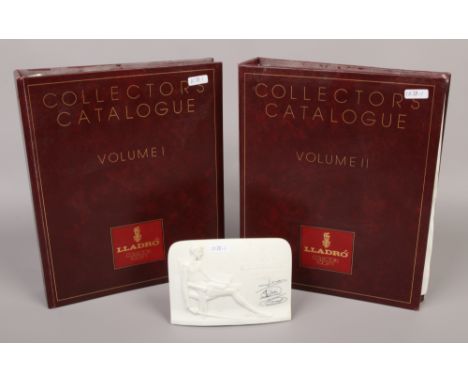 A Lladro Collectors Society Don Quixote ceramic plaque, along with volumes one and two of the Lladro Collectors catalogue.
