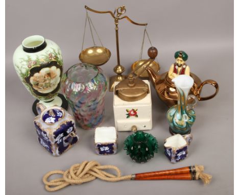 A mixed group of collectables, ceramics and glass to include brass balance scales, Wade Genie teapot, coffee grinder etc.