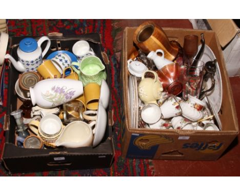Two boxes of miscellaneous ceramics and glass H. Aynsley &amp; Co. teawares, carnival glass and Midwinter part coffee service