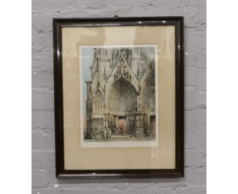 A framed coloured etching, view of Notre Dame signed in pencil (printed in Paris).