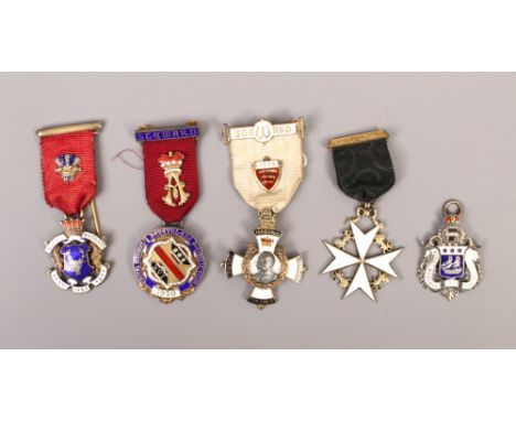 Five silver and enamel Masonic medals including four stewards jewels and a Knights of Malta jewel.