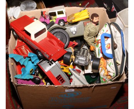 A large box of children's toys tinplate vehicles, Action Man figure, zoo animals and radio controlled cars.