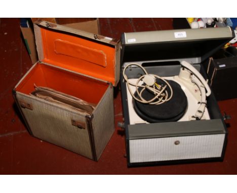 A Bush portable record player with Garrade model 210 platform, along with a carry case of 78rpm records.