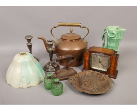 A group of collectables including an Art Deco oak mantle clock, copper kettle, a pair of silver plate candlesticks etc.