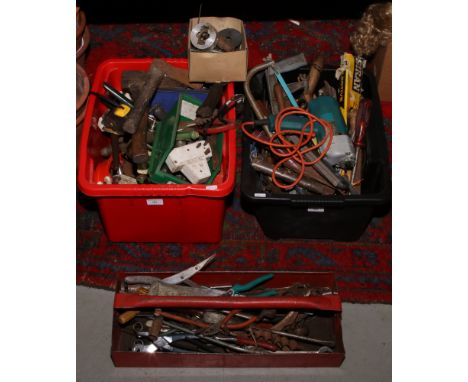 Two boxes and a metal tool box tray of various tools including drivers, hatchets, saws, spanners etc.
