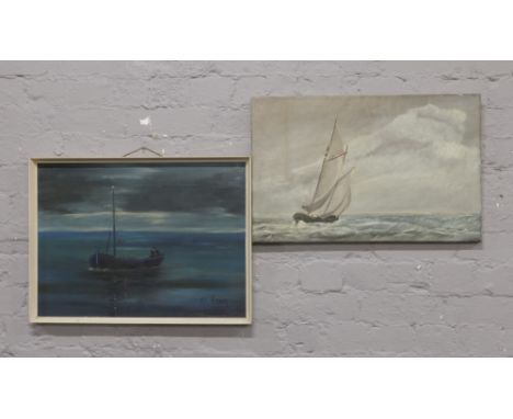 An unframed oil on canvas seascape with a sailboat, signed Saxelby - Batty 1980 along with a similar framed oil on board, sig