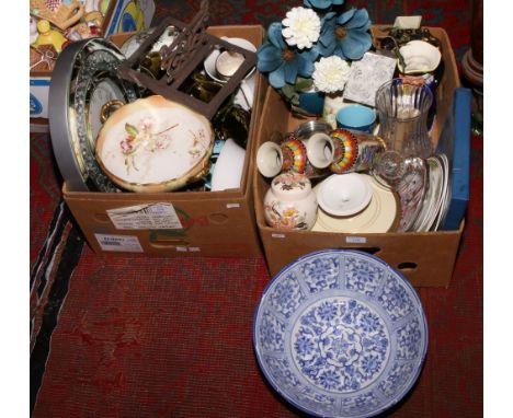 Two boxes of miscellaneous to include decorative wall clock, boot scrape, Arthur Wood, Disney mugs etc.