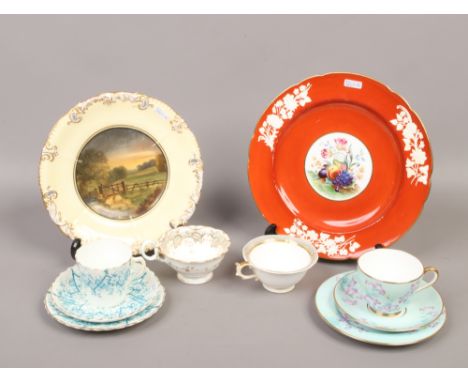 A quantity of mostly 19th century porcelain including a Copeland cabinet plate with titled landscape, scene on the Welbeck es