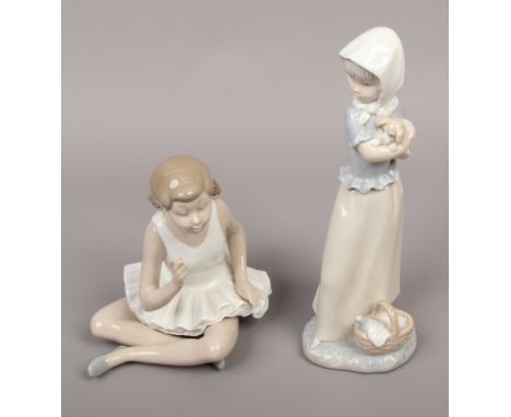 Two Nao porcelain figures, one of a seated ballet dancer, the other a farm gilt.