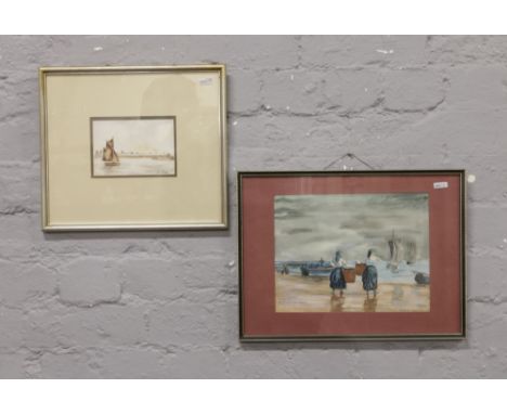 Two framed seascape watercolours one with figures and boats, signed K. Buxton 1977, the other with a sailboat signed Streets 