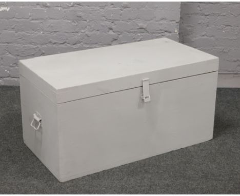 A painted pine trunk / storage box with carry handles 97cm x 50cm x 49cm.