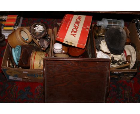 Three boxes of miscellaneous ceramics, metalwares, Prints riding helmet and an oak butlers tray.