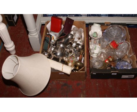 Two boxes of miscellaneous to include glassware, oriental table lamp, silver plate, blue and white etc,