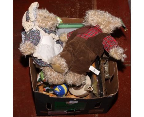 A box of miscellaneous including soft toys, plaster ornaments, Poole, vintage boot tree, brasswares.