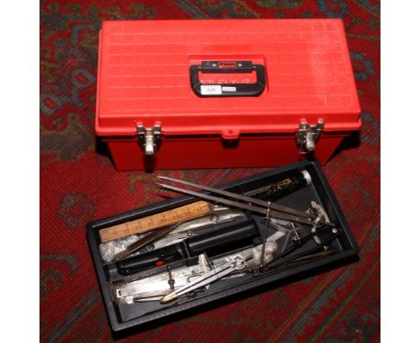 A tool box and contents of engineers /&nbsp; draughtsman tools to include Moore &amp; Wright, Draper, Tranmel heads etc.