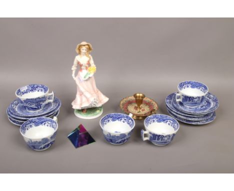 A Royal Worcester limited edition figurine 1725 / 7500 'Spring' enamelled brass chamber stick, along with five Spode trios an