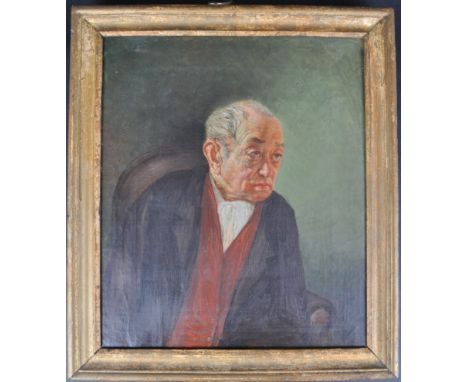 An 19th century oil of canvas, a portrait painting depicting a seated elderly gentlemen, wearing a black jacket seated on a b