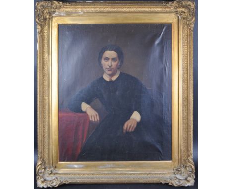 A 19th Century oil on canvas portrait painting depicting a young woman likely American modelled seated in black robe with whi