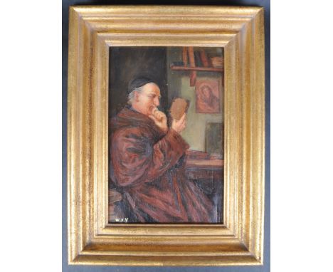 A 20th century oil of board, portrait of a monk. Depicting a seated smiling monk in study, reading a book. Signed to lower le