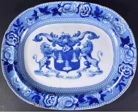 A large early 19th Century Riley's blue and white meat platter tray. Central rare depicting bearing the coat of arms of the D