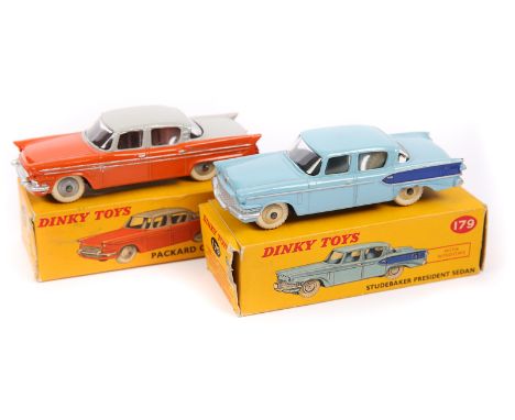 2 Dinky Toys. Studebaker President Sedan (179) in light blue with dark blue flash, cream wheels and white rubber tyres. Plus 