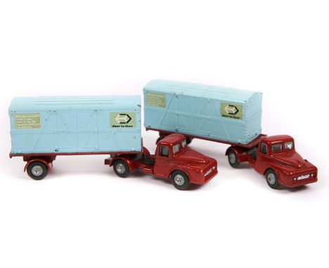 2 Budgie Austin British Railways articulated platform lorries. In deep red livery each carrying a ‘Door-To-Door’ liveried lig