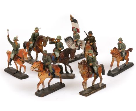 8 mounted Elastolin/Lineol/Leyla German figures. German soldiers, one with bugle, 2 with standards, one a drummer and 4 soldi