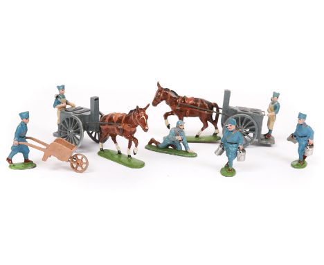 2 scarce Quiralu field kitchens plus 4 French figures. 2 single mule drawn two wheeled French army field kitchens, one with c