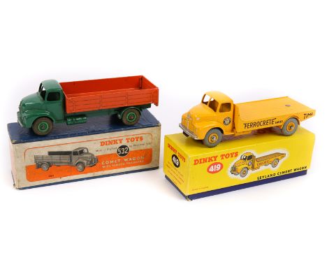 2 Dinky Toys. Leyland Cement Wagon (419) in bright yellow Portland Cement livery. Plus a Leyland Comet Wagon with hinged Tail
