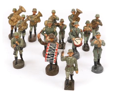 20 Elastolin/Lineol etc German composition band figures. All marching including Conductor, bass drummer, French horn, tuba, o