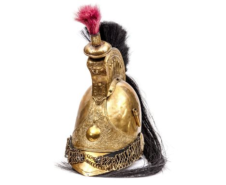 A French dragoon’s brass helmet c 1830, tall brass skull with front and back peaks, leather backed wire loop chinchain with r