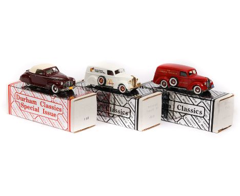 3 Durham Classics. A 1941 Chevrolet DeLuxe Coupe in dark maroon with a cream soft top and interior. 1939 Ford Panel Delivery 