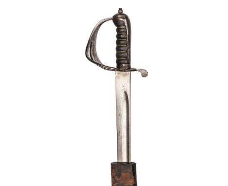 An Indian army cavalry trooper’s sword,  slightly curved, fullered blade 36½”, heavy steel hilt with knucklebow, sideloop and