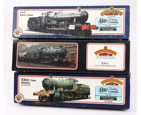 3 Bachmann Branch-Line OO gauge steam locomotives. A GWR class 93xx 2-6-0 tender locomotive (31-801) RN 9319 in unlined Bruns