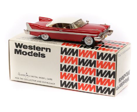 A Western Models 1958 Plymouth Belvedere WMS51. In cherry red with white roof and red/white interior. Fitted with white wall 