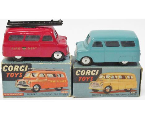 2 Corgi Toys split-screen Bedford CA. A Mechanical ‘Utilecon’ Fire Tender (405M) in red with original black metal ladder to r