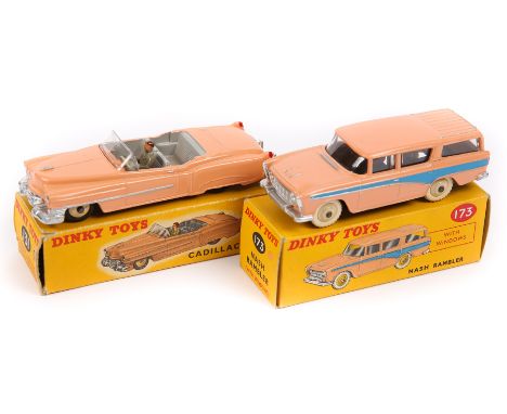 2 Dinky Toys. Cadillac Tourer (131). Example in pink with light grey interior and cream wheels, complete with driver. Plus a 