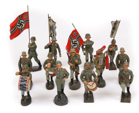 18 Elastolin/Lineol etc German composition figures. All marching playing instruments, including 4 standard bearers, 2 red/bla