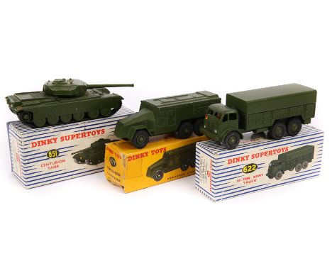 3 Dinky military toys. 2x Supertoys – 10-Ton Army Truck (622). A Centurion Tank (651) and an Armoured Command Vehicle (677). 