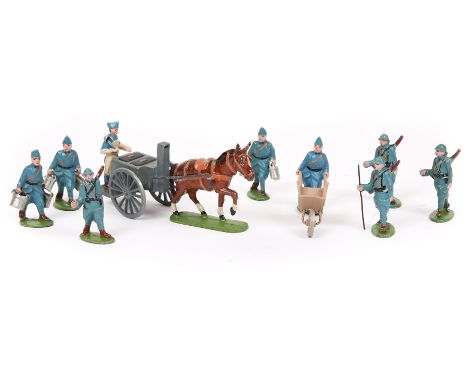 Quiralu field kitchen plus 8 French figures. . A single mule drawn two wheeled French army field kitchen with cook holding la
