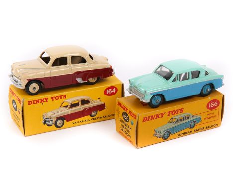 2 Dinky Toys. Vauxhall Cresta Saloon (164) example in cream and maroon with cream wheels. Plus a Sunbeam Rapier Saloon (166) 